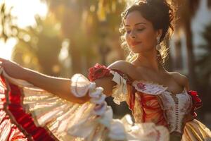 ai generato bellissimo femmina flamenco ballerino nel tradizionale danza vestire. generativo ai foto