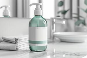 ai generato shampoo verde bottiglia modello con vuoto etichetta nel bagno. minimalista stile. generativo ai foto