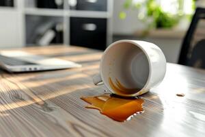ai generato tazza di caffè rovesciato su su di legno scrivania. generativo ai foto
