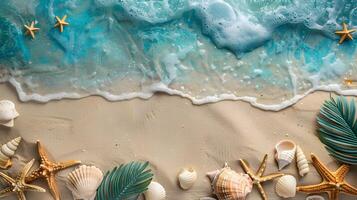 ai generato azzurro costa di il oceano con palma alberi, sabbia, Surf e conchiglie. ai generato foto