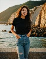 ai generato foto di bellissimo asiatico donna nel nero superiore e jeans nel pesca villaggio, generativo ai