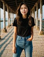 ai generato foto di bellissimo asiatico donna nel nero superiore e jeans nel pesca villaggio, generativo ai