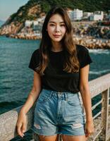 ai generato foto di bellissimo asiatico donna nel nero superiore e jeans nel pesca villaggio, generativo ai