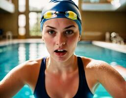 ai generato foto di bellissimo arrabbiato donna come un' nuotatore con ferita e piccolo sangue a il interno nuoto piscina, generativo ai