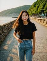 ai generato foto di bellissimo asiatico donna nel nero superiore e jeans nel pesca villaggio, generativo ai