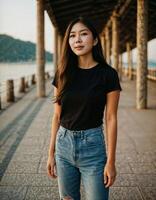 ai generato foto di bellissimo asiatico donna nel nero superiore e jeans nel pesca villaggio, generativo ai