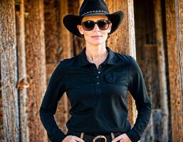 ai generato foto di bellissimo donna come un' professionale agente indossare nero lungo manica camicia e tattico ansimare e cowboy cappello om ranch, generativo ai