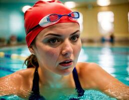 ai generato foto di bellissimo arrabbiato donna come un' nuotatore con ferita e piccolo sangue a il interno nuoto piscina, generativo ai