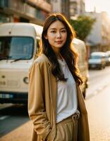 ai generato foto di bellissimo asiatico donna con tramonto leggero vicino camion e strada marciapiede, generativo ai