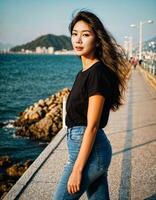 ai generato foto di bellissimo asiatico donna nel nero superiore e jeans nel pesca villaggio, generativo ai