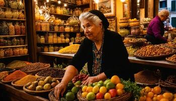 ai generato foto di anziano venditore nel antico mercato a Europa, generativo ai