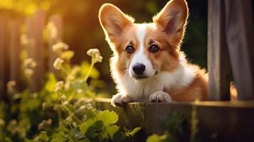 ai generato un' curioso corgi colleghi al di sopra di un' giardino recinzione. ai generato foto