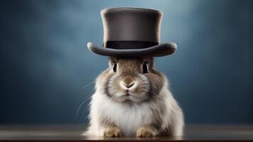 ai generato un' coniglietto con espressive occhi indossa un' minuscolo cappello. ai generato foto