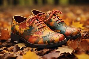 ai generato stivali su autunno acero le foglie - concetto di autunno autunno stagione, autunno moda, di moda fricchettone stile di vita foto