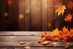ai generato autunno le foglie su di legno tavolo contro di legno tavole con copia spazio foto