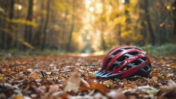 ai generato bicicletta casco boschi sfondo. foto