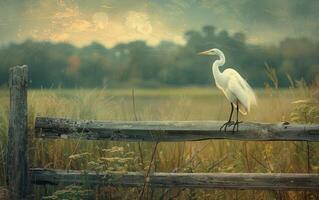 ai generato un' preciso catturare di un' sofisticato bianca ibis riposo su un' logoro legna recinto foto