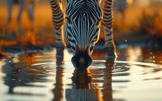 ai generato zebra tempra suo sete a un' irrigazione buco durante tramonto, con riflessi foto