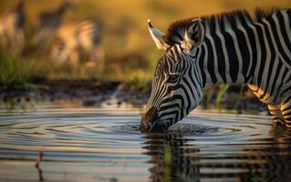 ai generato vicino su di un' giovane zebra tempra suo sete nel un' tranquillo stagno foto