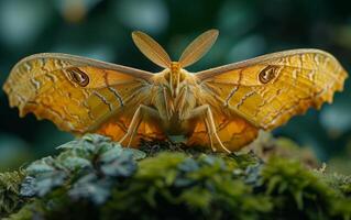 ai generato un' dettagliato macro foto di un' falena con d'oro Ali e intricato modelli, su un' ruvido struttura