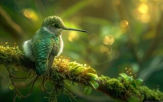 ai generato un' colibrì pausa su un' muschio ornato ramo foto