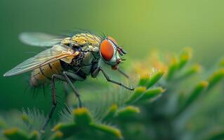 ai generato un' dettagliato macro prospettiva di un' mosca domestica scrupolosamente pulizia suo ala in mezzo vivace verde fogliame foto