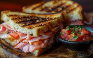 ai generato esplorando il dettagli di un' grigliato formaggio e prosciutto Sandwich foto