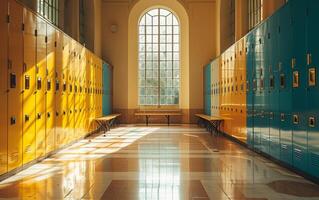 ai generato illuminato scuola sala con Impressionante blu e giallo armadietti foto