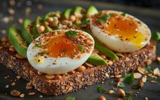 ai generato indulgere nel un' delizioso avocado crostini accompagnato di un' bollito uovo e Erba cipollina Accenti foto