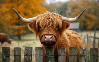 ai generato un esaltato montanaro mucca con vellutato cappotto osserva con fascino foto