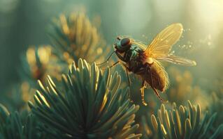 ai generato volante mosca domestica in mezzo pino aghi foto