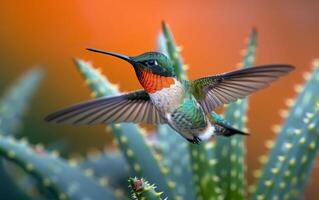 ai generato dinamico rubino gola colibrì sospeso al di sopra di aloe flora foto