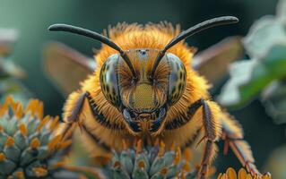 ai generato altamente dettagliato vicino su di un' ape su vivace flora foto
