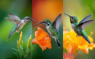 ai generato colibrì raccolta nettare su un arancia fiore foto