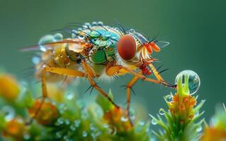 ai generato vicino su Visualizza di un' mosca domestica con rugiada gocce, seduta su un' fioritura foto