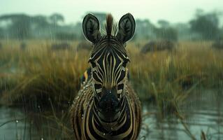 ai generato un' vigile zebra in mezzo pioggia su il africano praterie foto