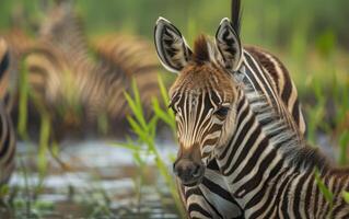 ai generato un' giovane zebra puledro sta accanto suo madre foto