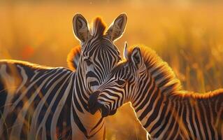 ai generato un' zebra puledro coccole accanto un adulto in mezzo d'oro leggero foto