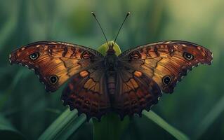 ai generato degno di nota buio umbra farfalla con estasiante occhio disegni su suo Ali, arroccato con grazia su un' verde filo di erba foto