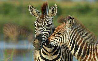 ai generato testimoniare un' giovane zebra puledro In piedi Il prossimo per suo madre foto