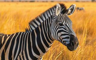 ai generato in mezzo il d'oro savana erbe, un' zebra rivela si foto