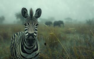 ai generato su il africano pianura, un' zebra sta vigile nel il pioggia foto