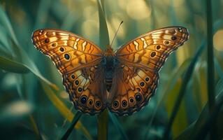 ai generato regale buio Marrone farfalla in mostra ipnotizzante occhio disegni su suo Ali, con grazia riposo su un' verde erba lama foto