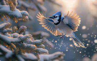 ai generato un' blu ghiandaia con Ali largo Aperto impostato per scendere su un' gelido pino albero foto