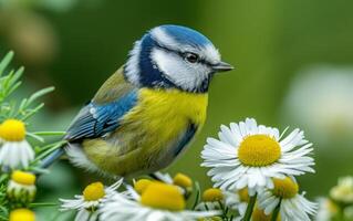 ai generato blu tetta riposo in mezzo bianca margherite foto