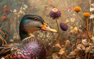 ai generato luminoso anatra in mezzo fioritura fiori foto