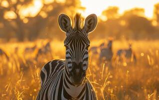 ai generato d'oro ora splendore un' ritratto di un' zebra foto
