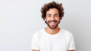 ai generato del Millennio uomo con Riccio capelli e barba sorridente indossare bianca maglietta su bianca sfondo foto