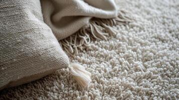 ai generato avvicinamento di un' leggero a maglia coperta su un' bianca tappeto. foto