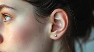 ai generato avvicinamento di un' giovane womans orecchio con un' bellissimo argento orecchino, in mostra eleganza e stile. foto